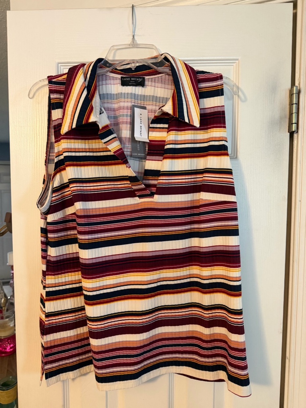 Lane Bryant Striped Sleeveless Polo Tank - Burgundy, Navy, Mustard & Cream